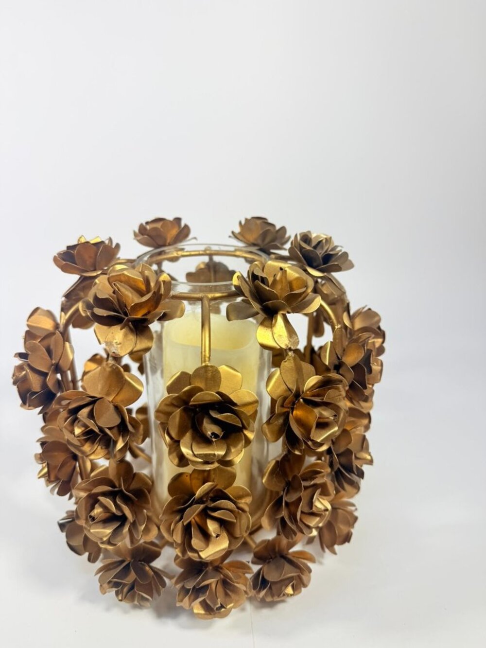 Candle Holder Vase Metal Flowers Roses Table Centerpiece Brushed Gold  Vintage T - Picture 4 of 16